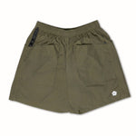 Olive green shorts with a small logo on a white background