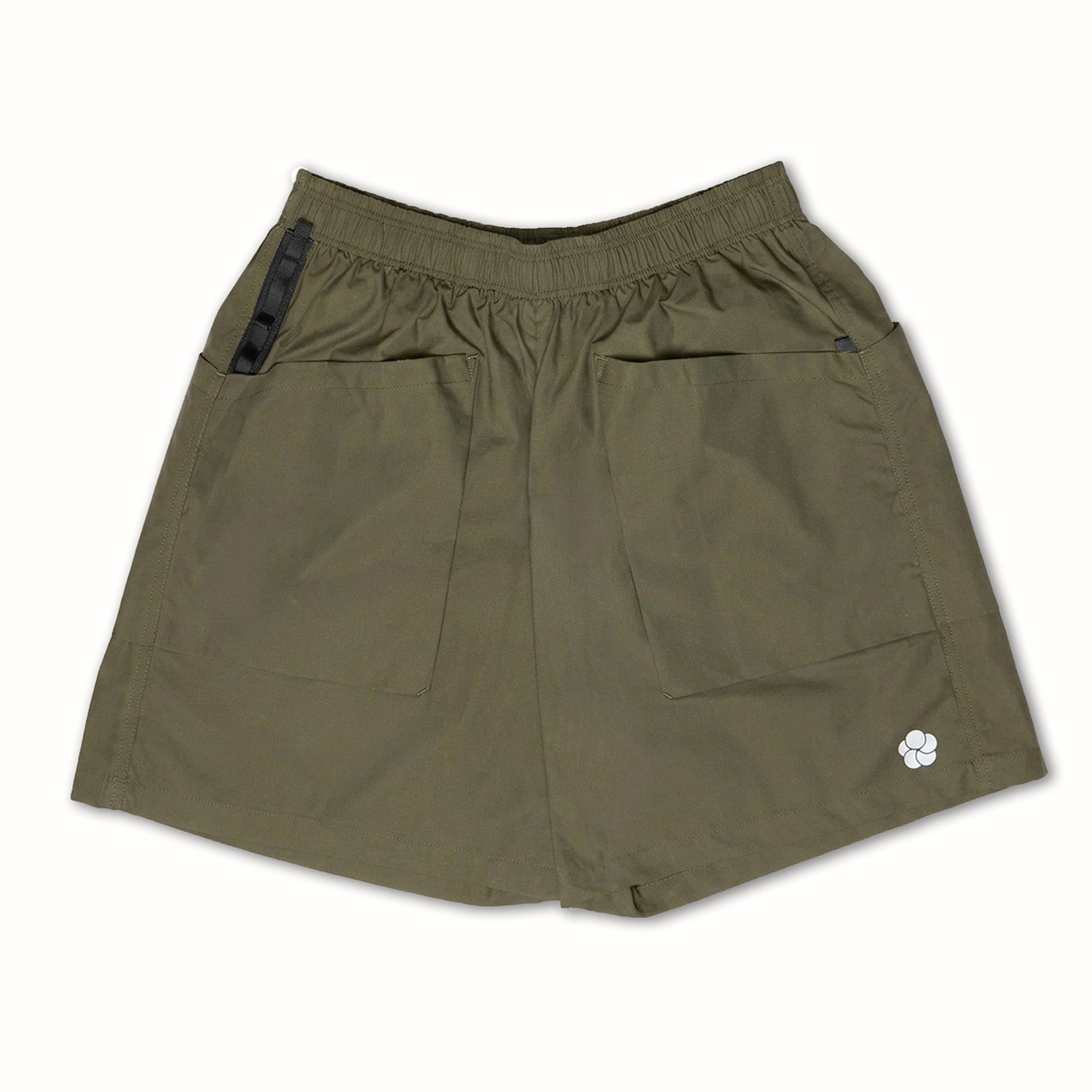 Olive green shorts with a small logo on a white background