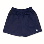 Navy blue shorts with a small white logo on a white background