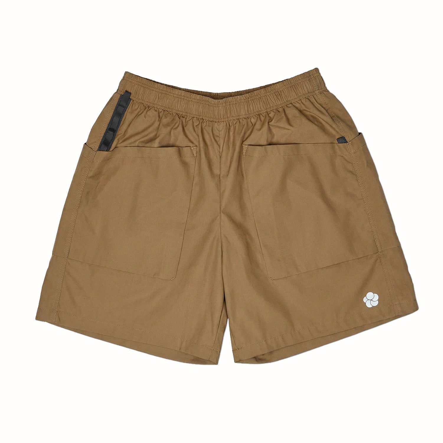 Sand Utility shorts with a small Usual Objections logo on a white background