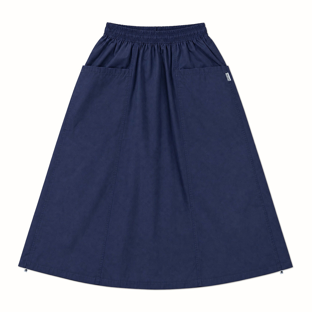A navy blue scrub skirt with an elastic waistband and two front pockets, shown flat against a white background.